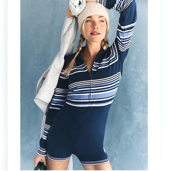 Free People Movement Its Cold Outside Playsuit Shorts Romper Retro Blue NEW L - Picture 1 of 10